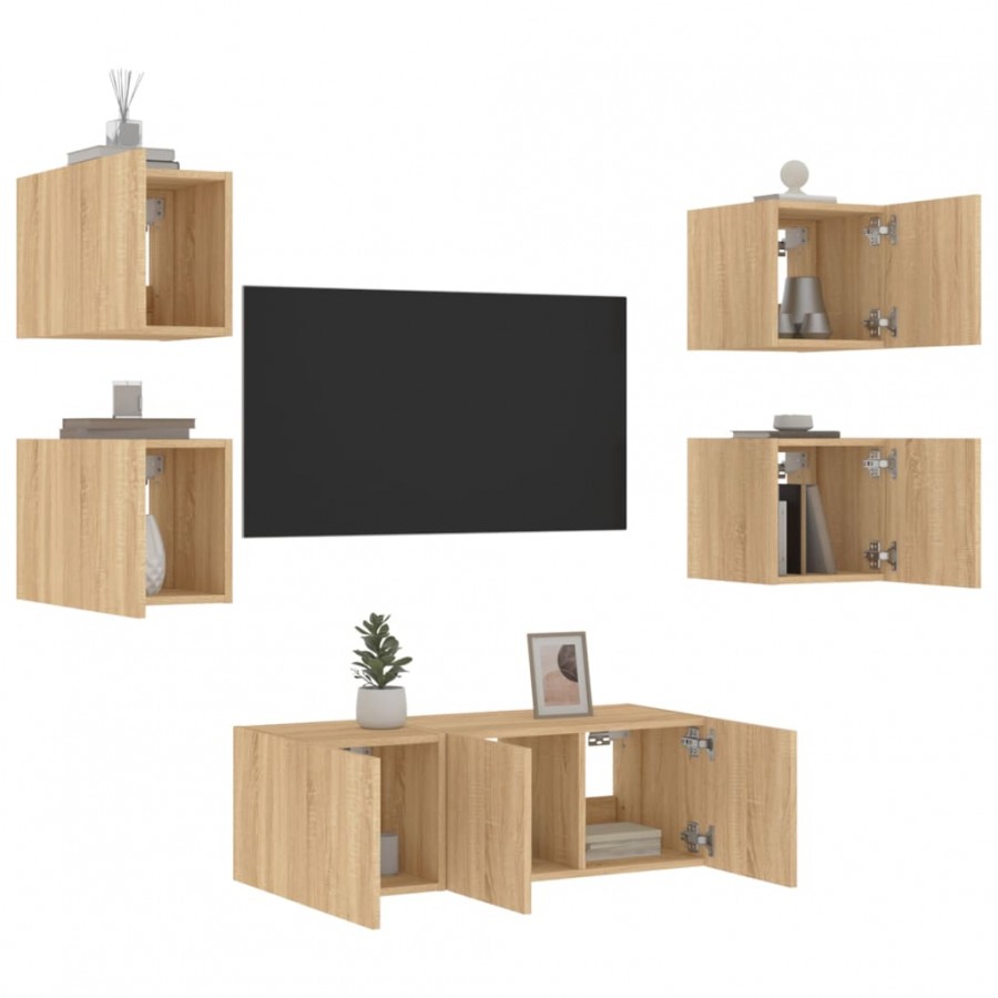 Unités murales TV avec LED 6 pcs chêne sonoma bois d'ingénierie