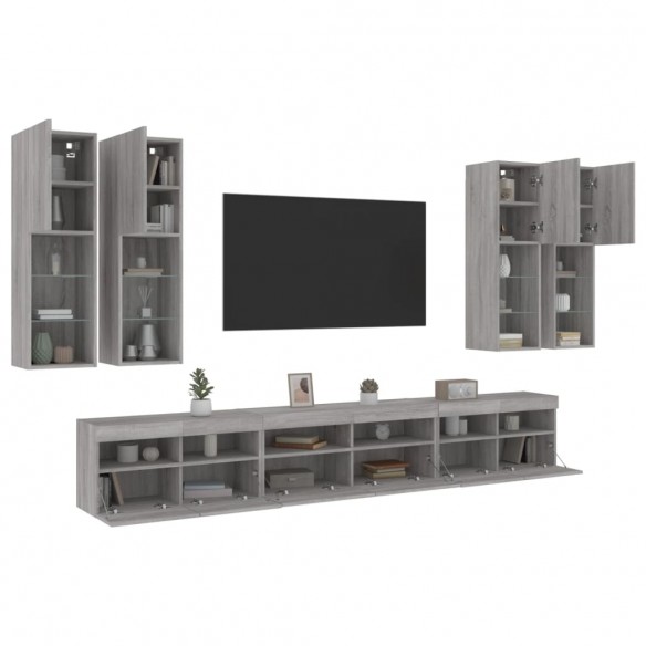 Ensemble de meubles TV muraux 7 pcs et lumières LED sonoma gris