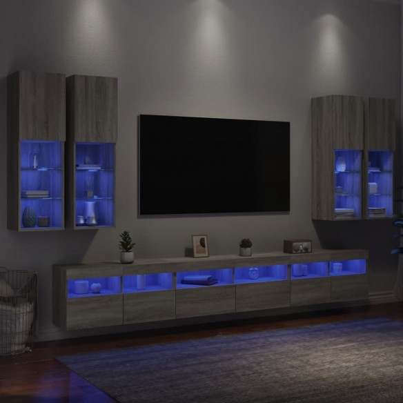 Ensemble de meubles TV muraux 7 pcs et lumières LED sonoma gris