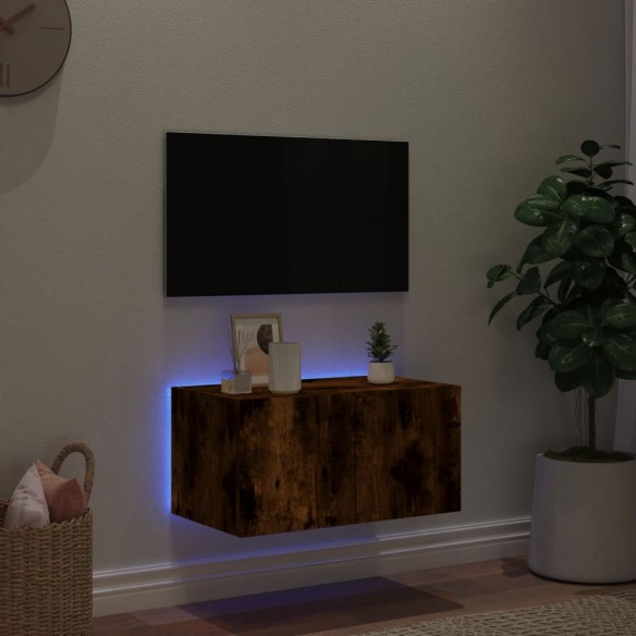 Meuble TV mural avec lumières LED chêne fumé 60x35x31 cm