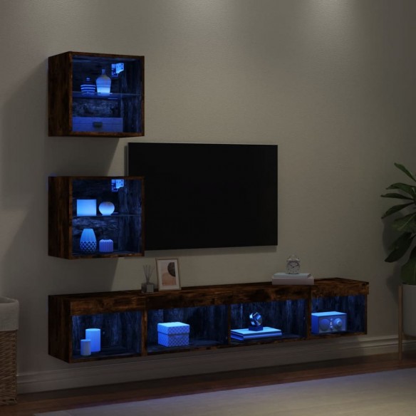 Unités murales TV avec LED 5 pcs chêne fumé bois d'ingénierie