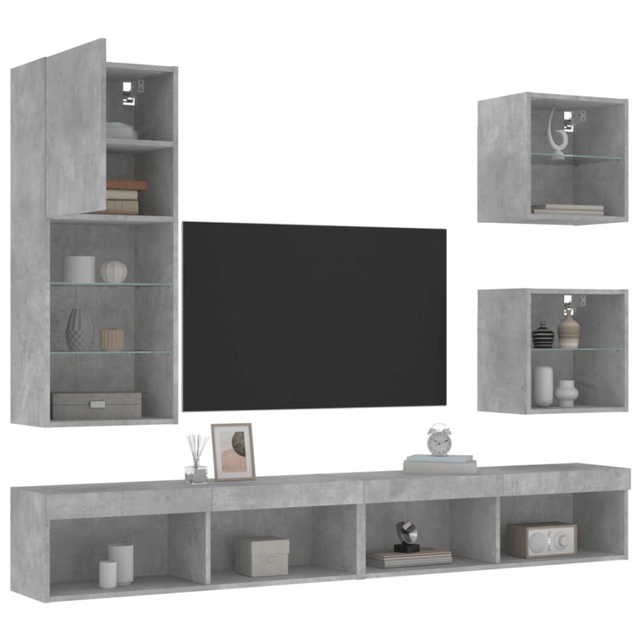 Unités murales TV avec LED 5 pcs gris béton bois d'ingénierie