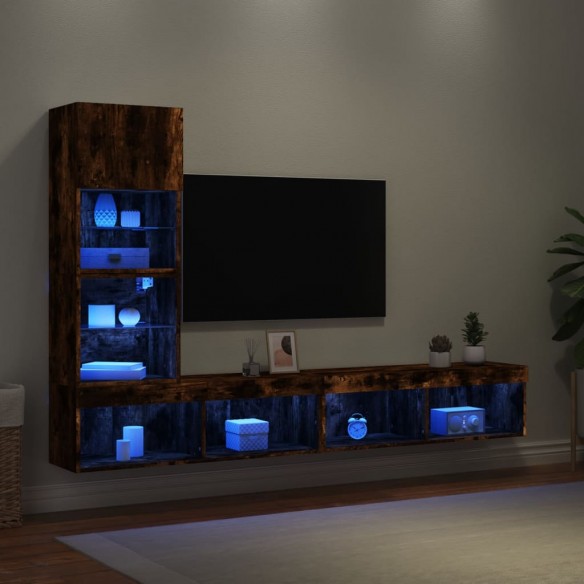 Unités murales TV avec LED 4 pcs chêne fumé bois d'ingénierie