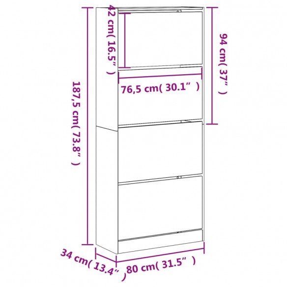 Armoire à chaussures 4 tiroirs rabattables blanc 80x34x187,5 cm