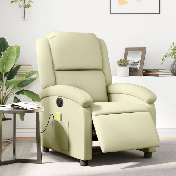 Fauteuil de massage inclinable électrique crème cuir véritable