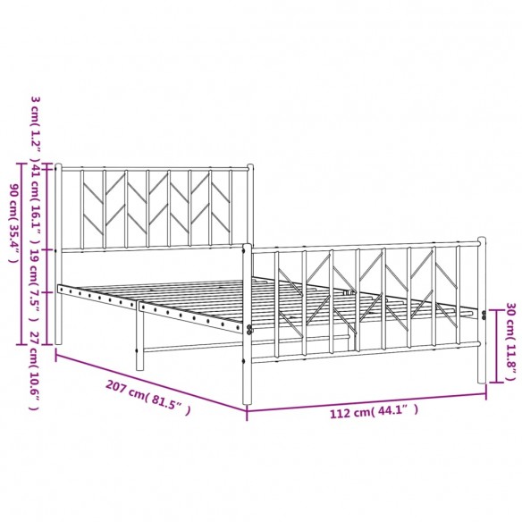 Cadre de lit métal avec tête de lit/pied de lit noir 107x203 cm