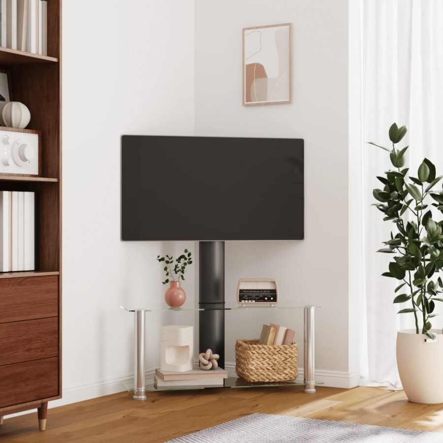 Meuble TV d'angle 2 niveaux pour 32-70 pouces noir argenté