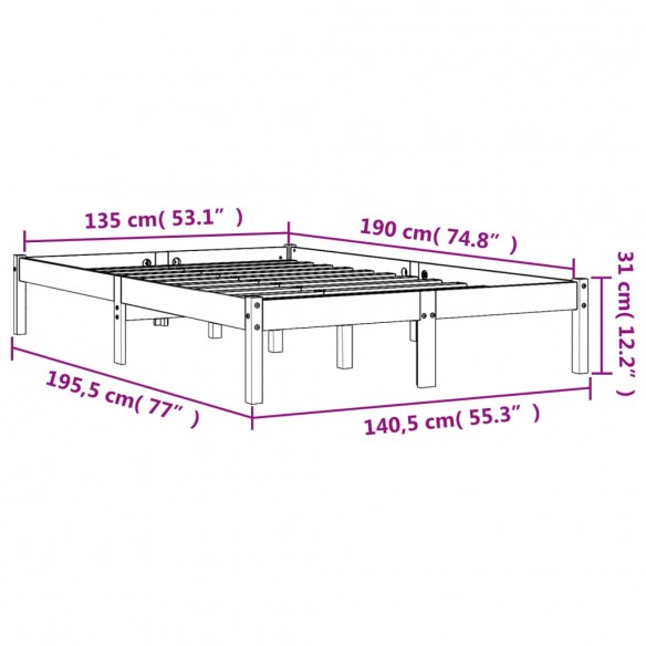 Cadre de lit cire marron 135x190 cm bois de pin massif