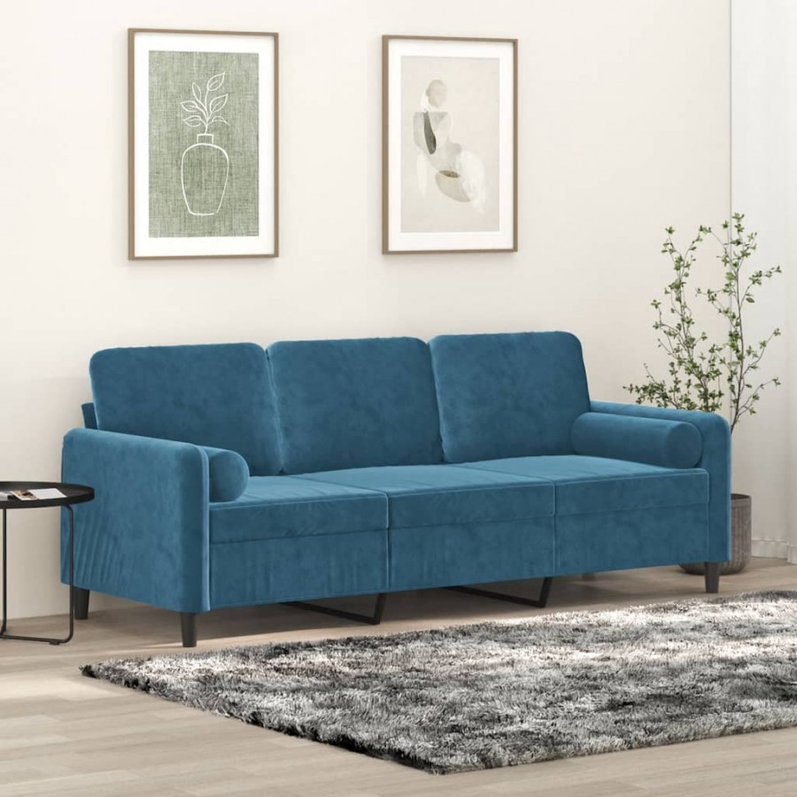 Canapé 3 places avec oreillers décoratifs bleu 180 cm velours