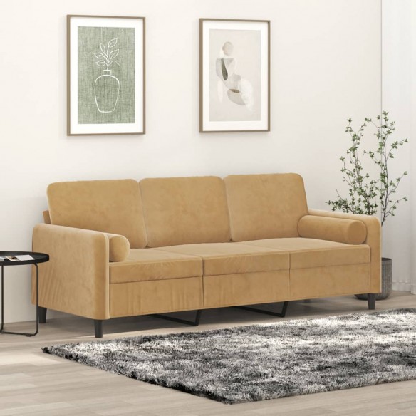 Canapé 3 places avec oreillers décoratifs marron 180 cm velours