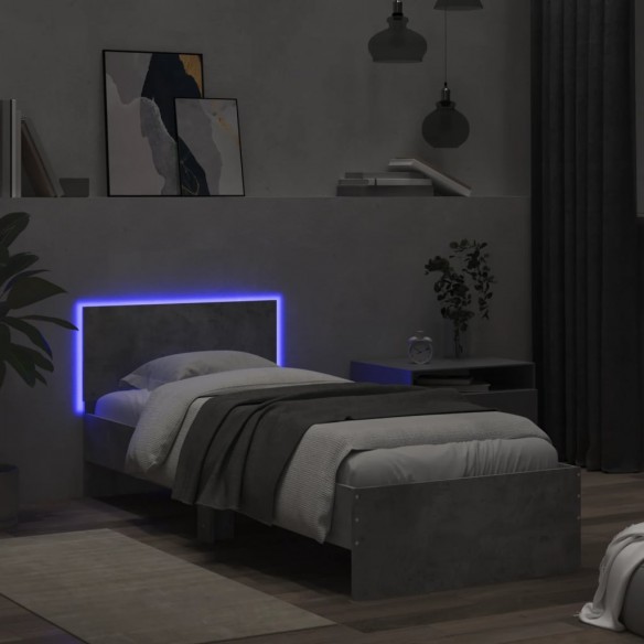 Cadre de lit tête de lit et lumières LED gris béton 90x200 cm