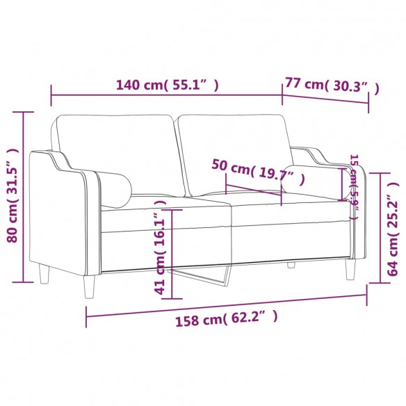 Canapé 2 places avec oreillers décoratifs crème 140 cm tissu