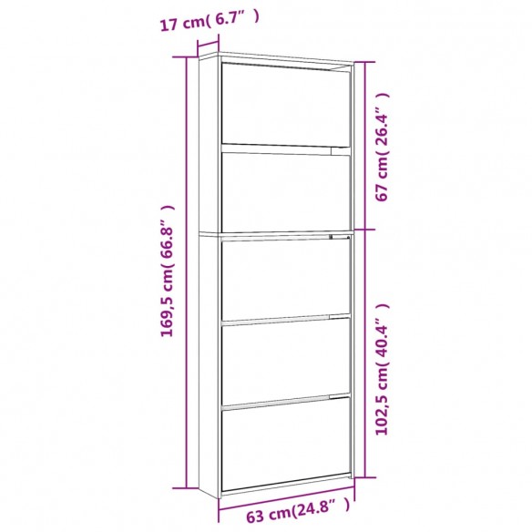 Armoire à chaussures miroir 5 niveaux chêne fumé 63x17x169,5 cm