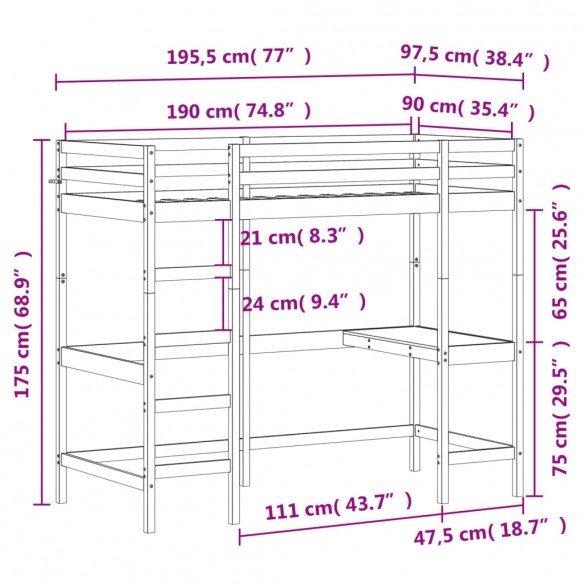 Lit superposé avec bureau cire marron 90x190 cm bois pin massif