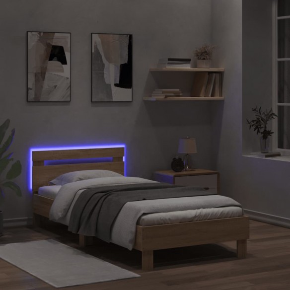 Cadre de lit tête de lit et lumières LED chêne sonoma 100x200cm