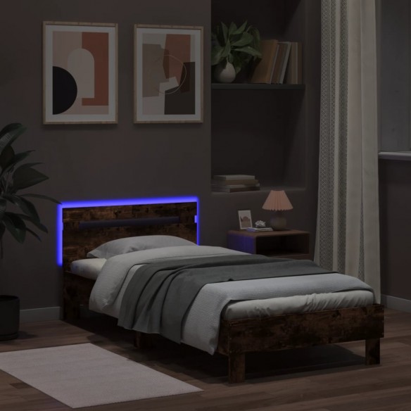 Cadre de lit tête de lit et lumières LED chêne fumé 100x200 cm