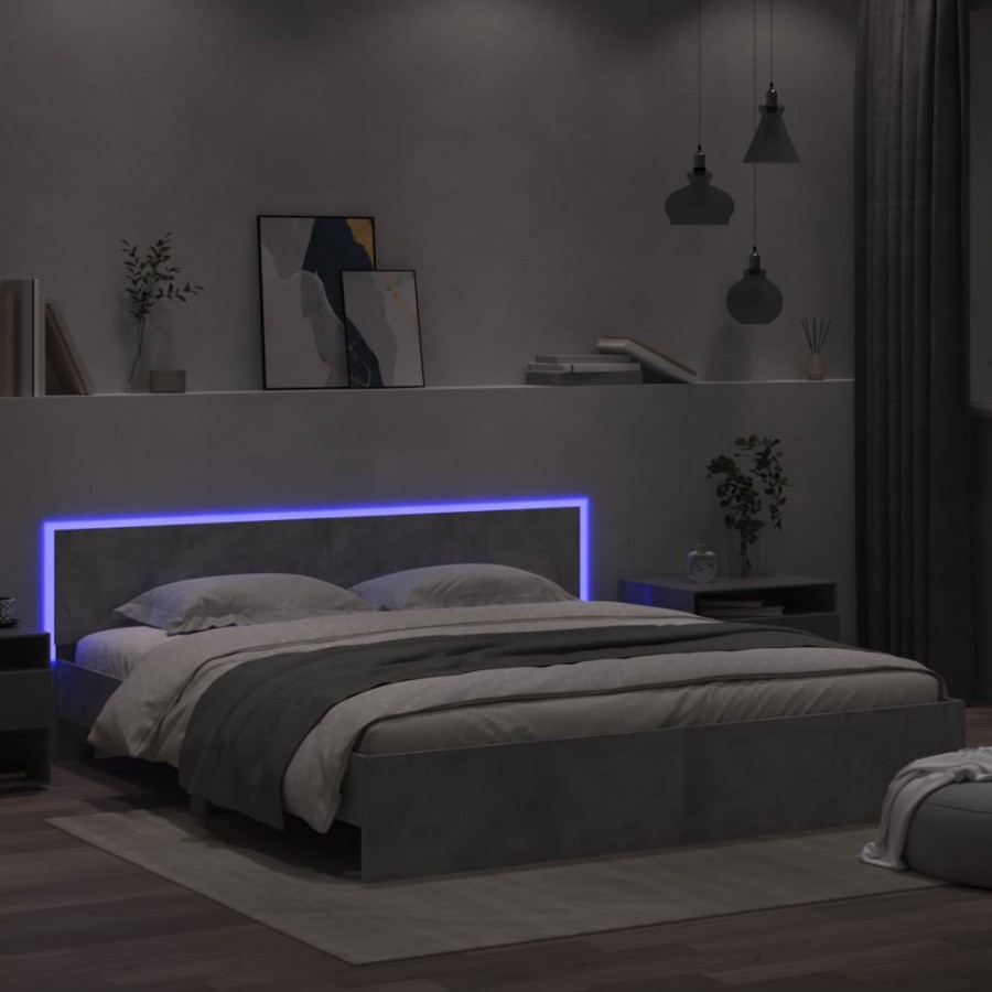 Cadre de lit avec tête de lit et LED gris béton 200x200 cm