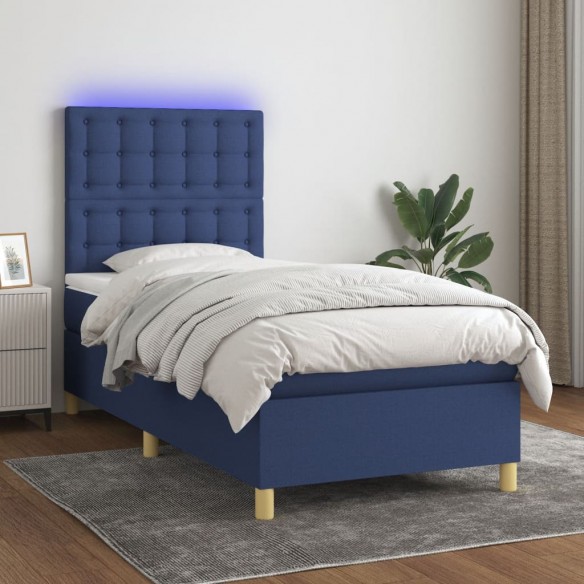 Sommier à lattes de lit et matelas et LED Bleu 100x200 cm Tissu