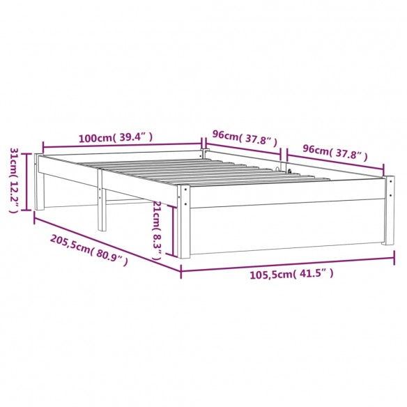 Cadre de lit Gris Bois massif 100x200 cm