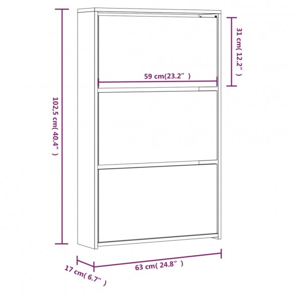 Armoire à chaussures avec miroir 3 niveaux Noir 63x17x102,5 cm