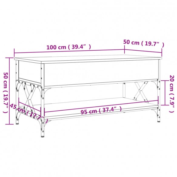 Table basse sonoma gris 100x50x50 cm bois d'ingénierie et métal