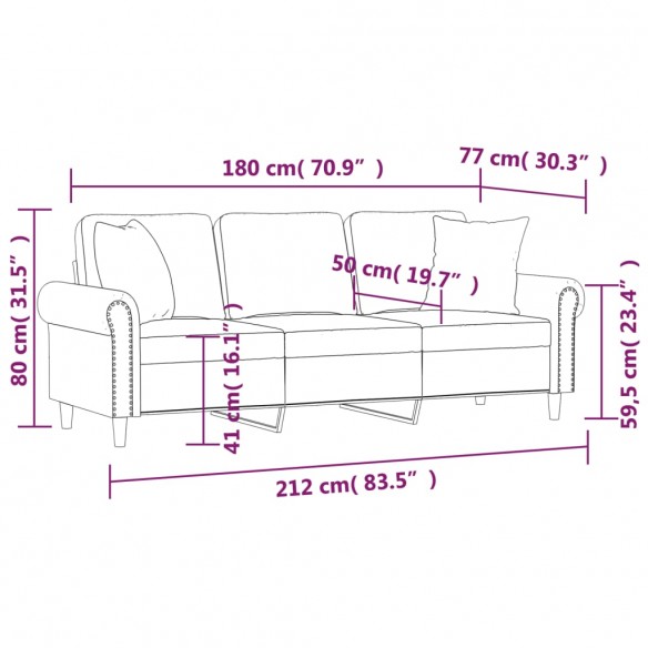 Canapé 3 places avec oreillers bordeaux 180 cm velours