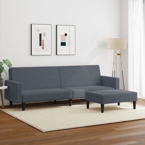 Canapé-lit à 2 places avec repose-pied gris foncé velours