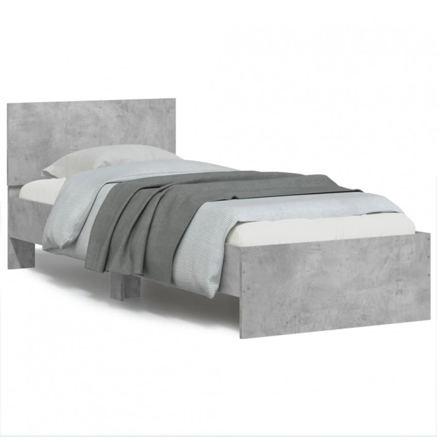 Cadre de lit tête de lit et lumières LED gris béton 75x190 cm