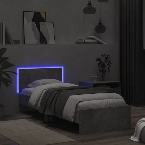 Cadre de lit tête de lit et lumières LED gris béton 75x190 cm