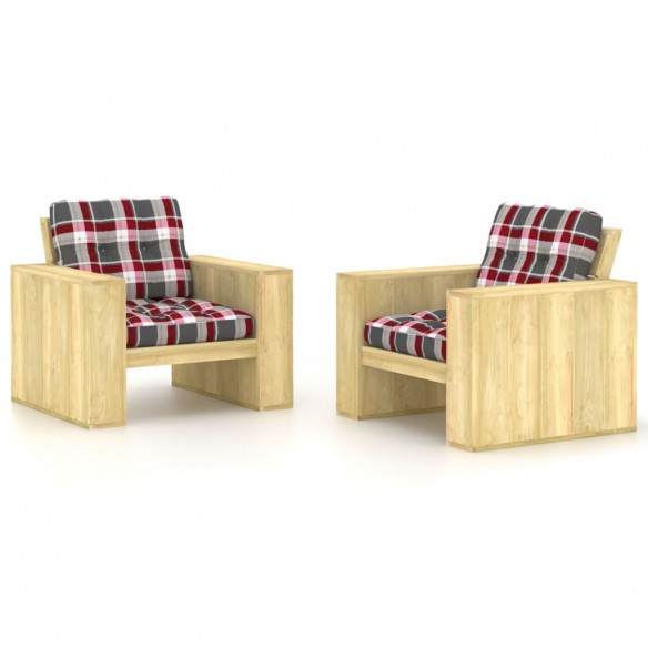 Chaises de jardin 2 pcs et coussins carreaux rouge Pin imprégné