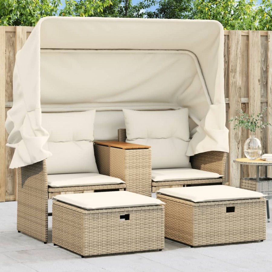 Canapé de jardin 2 places avec auvent et tabourets beige rotin