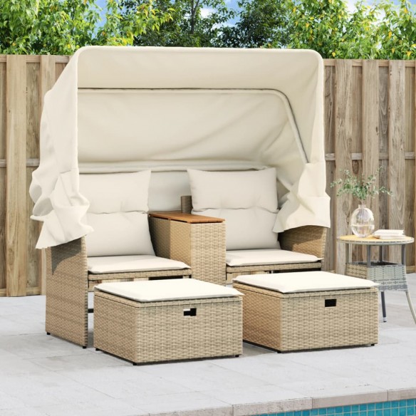 Canapé de jardin 2 places avec auvent et tabourets beige rotin