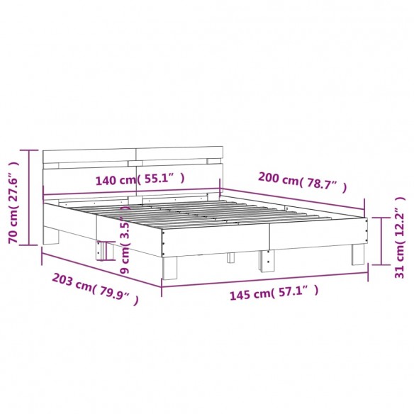 Cadre de lit avec tête de lit noir 140x200 cm bois d'ingénierie
