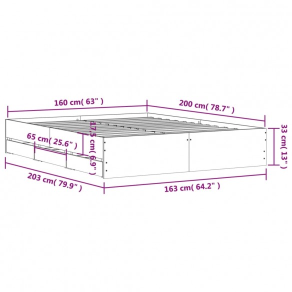Cadre de lit à tiroirs gris béton 160x200 cm bois d'ingénierie