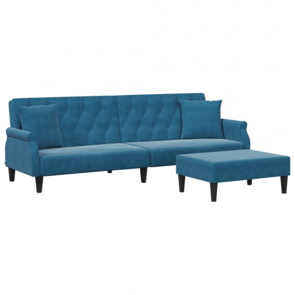 Canapé-lit à 2 places et oreillers et repose-pied bleu velours