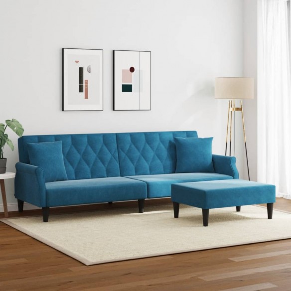 Canapé-lit à 2 places et oreillers et repose-pied bleu velours