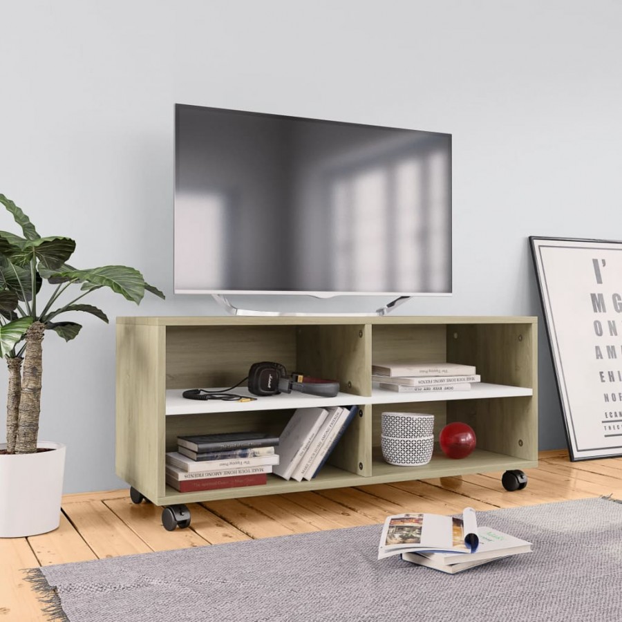 Meuble TV avec roulettes Blanc et chêne sonoma 90x35x35 cm
