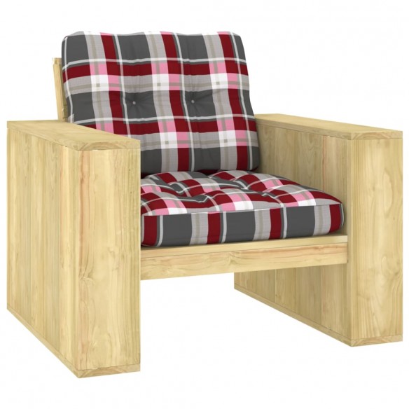 Chaise de jardin et coussins carreaux rouge Pin imprégné