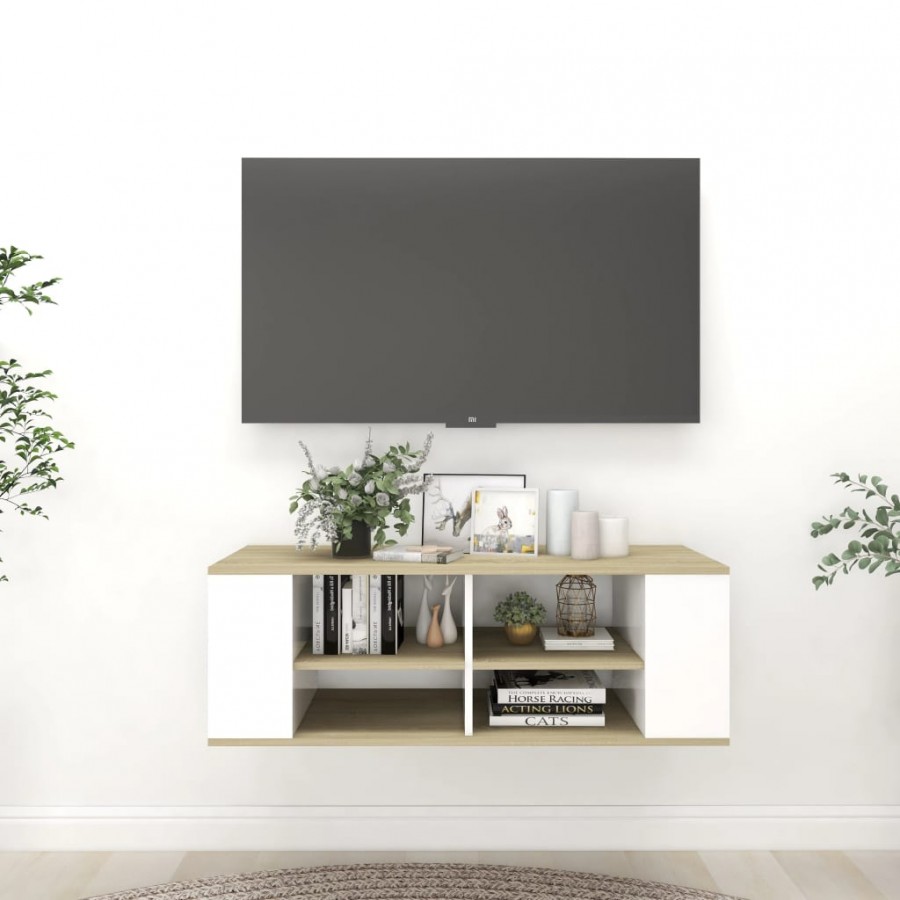 Meuble TV mural Blanc et chêne sonoma 102x35x35 cm Aggloméré