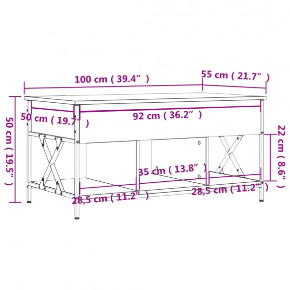 Table basse sonoma gris 100x55x50 cm bois d'ingénierie et métal