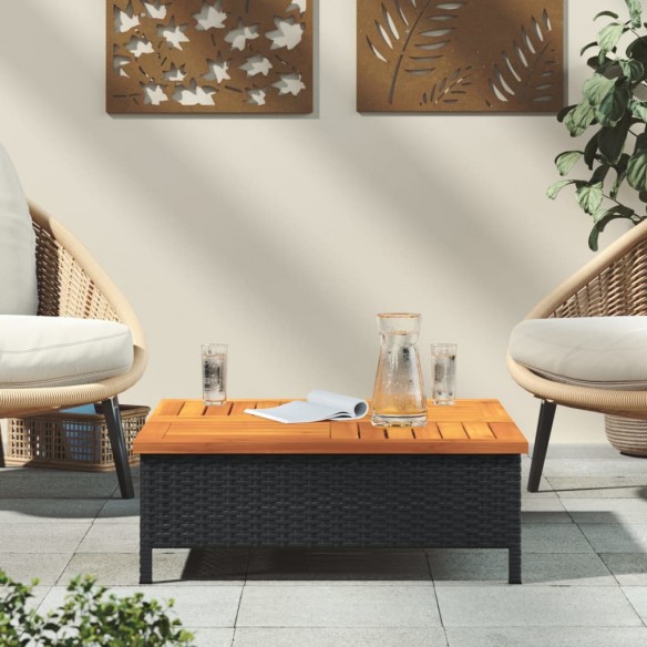 Table de jardin noir 70x70x25 cm résine tressée et bois acacia