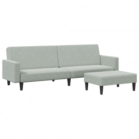 Canapé-lit à 2 places avec repose-pied gris clair velours