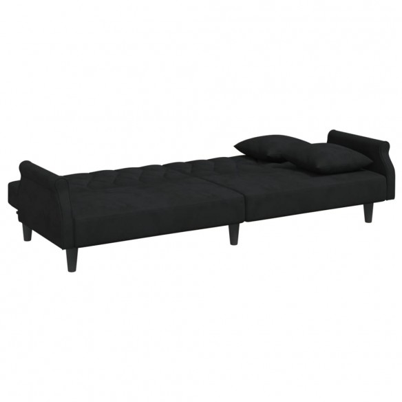 Canapé-lit à 2 places et oreillers et repose-pied noir velours