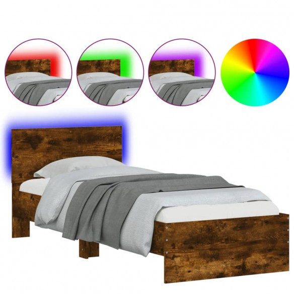 Cadre de lit tête de lit et lumières LED chêne fumé 75x190 cm