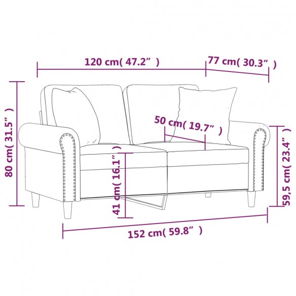 Canapé 2 places avec oreillers bordeaux 120 cm velours