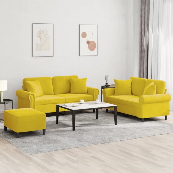 Ensemble de canapés 3 pcs avec coussins jaune velours