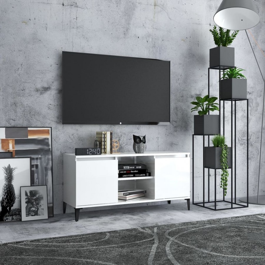 Meuble TV avec pieds en métal Blanc brillant 103,5x35x50 cm
