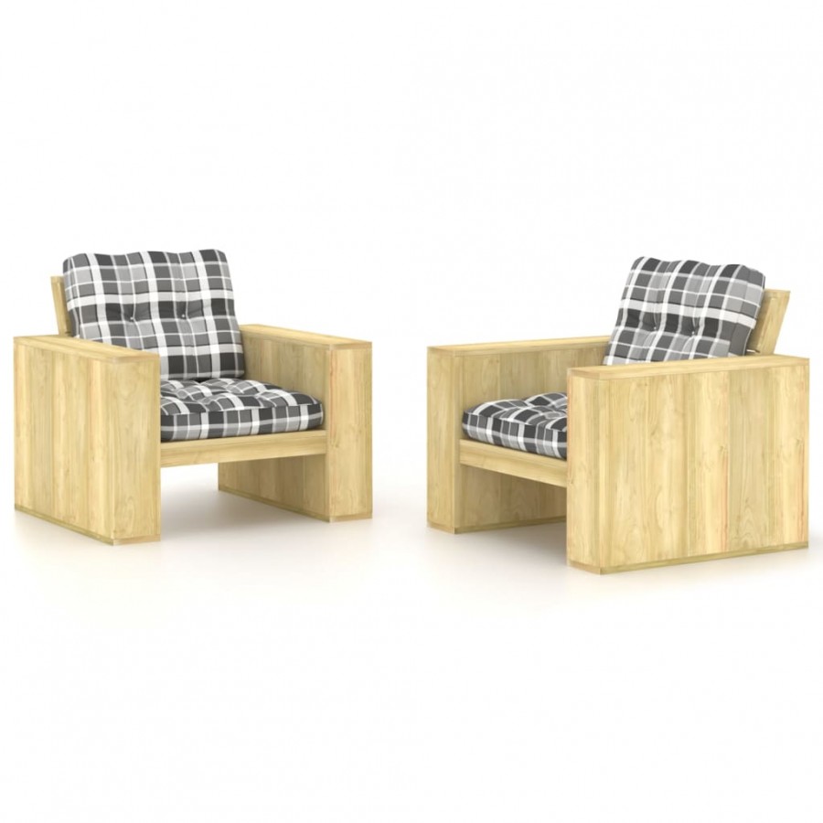 Chaises de jardin 2pcs avec coussins carreaux gris Pin imprégné