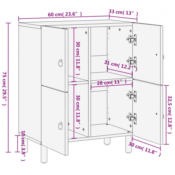 Armoire latérale 60x33x75 cm bois massif de manguier