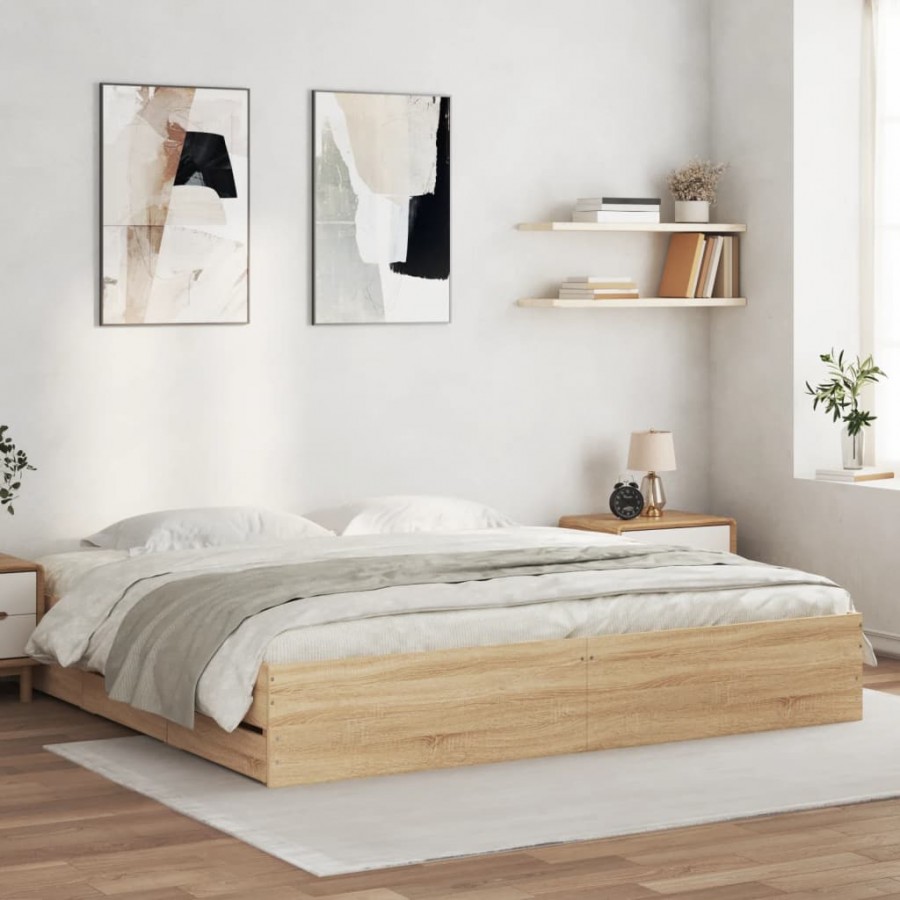 Cadre de lit à tiroirs chêne sonoma 160x200cm bois d'ingénierie
